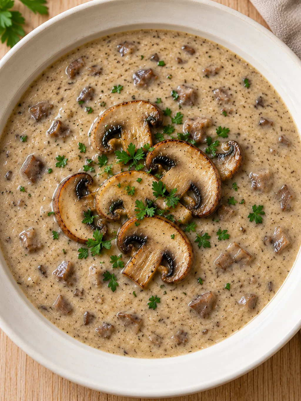 Champignonsuppe mit braun gebratenen Pilzscheiben und frischer Petersilie
