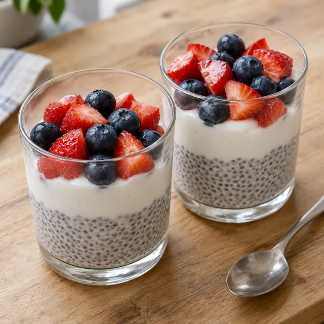 Chia-Pudding mit weißer Joghurtschicht, Erdbeeren und Heidelbeeren in zwei Gläsern