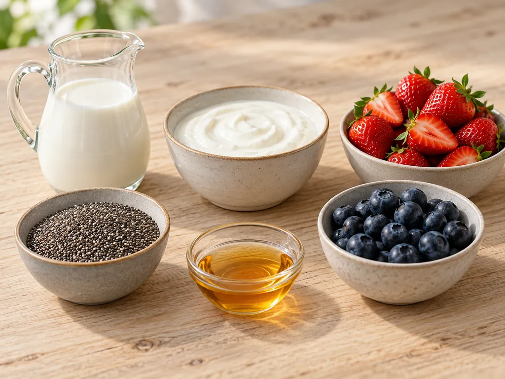 Milch, Honig, Chiasamen, Naturjoghurt, Erdbeeren und Heidelbeeren in getrennten Gefäßen