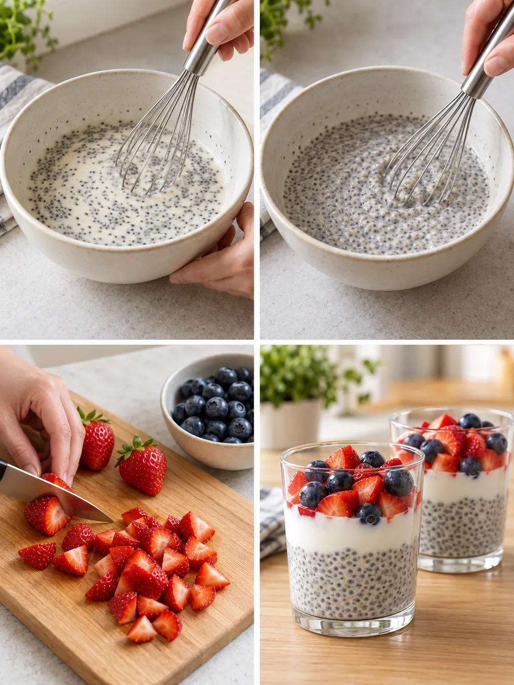 Chia-Mischung verrühren, Erdbeeren schneiden und fertigen Pudding mit Joghurt anrichten