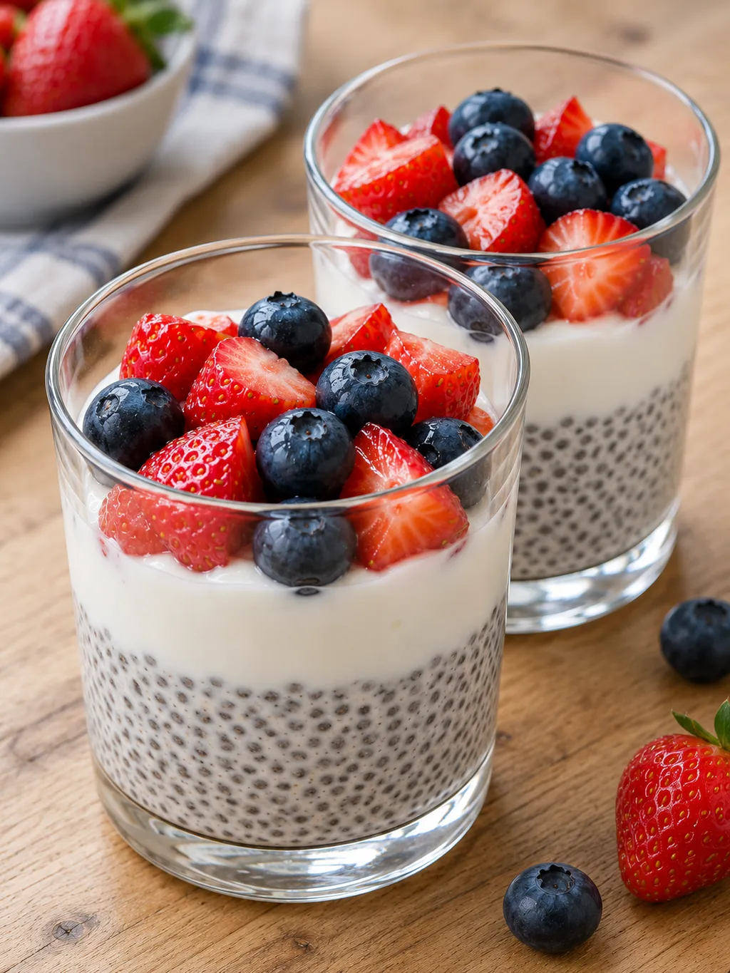 Chia-Pudding im Glas mit cremigem Naturjoghurt und saftigen Erdbeeren und Heidelbeeren