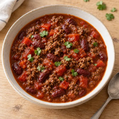 Chili con Carne mit Rinderhack, Kidneybohnen und Koriander in einer hellen Schale