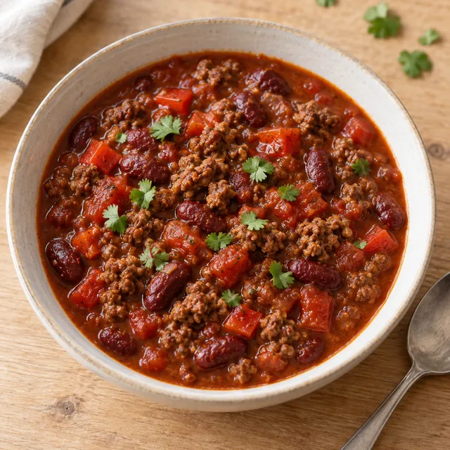 Chili con Carne mit Rinderhack, Kidneybohnen und Koriander in einer hellen Schale