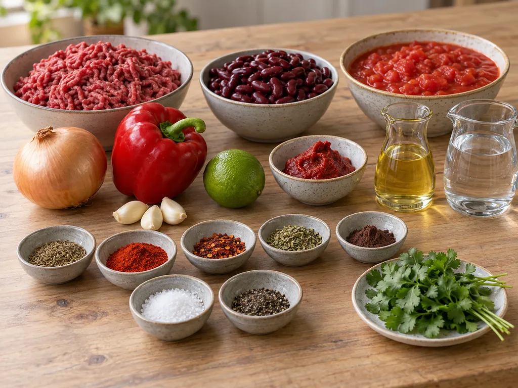 Rinderhack, Kidneybohnen, Tomaten, Paprika und Gewürze für Chili con Carne