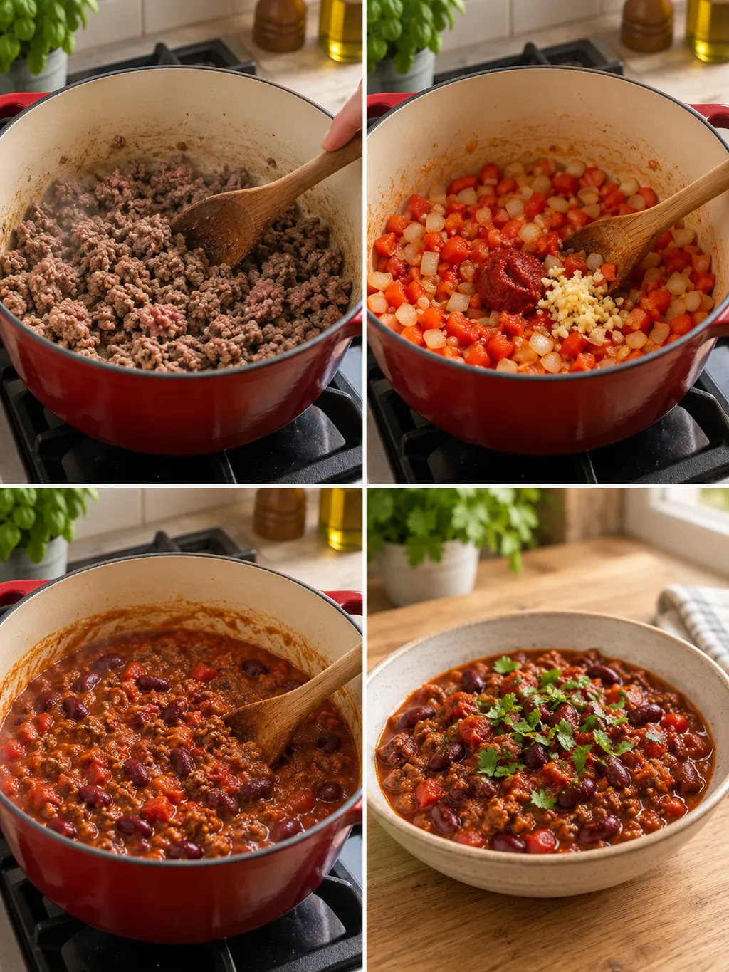 Hackfleisch anbraten, Gemüse rösten, Bohnen einrühren und fertiges Chili servieren