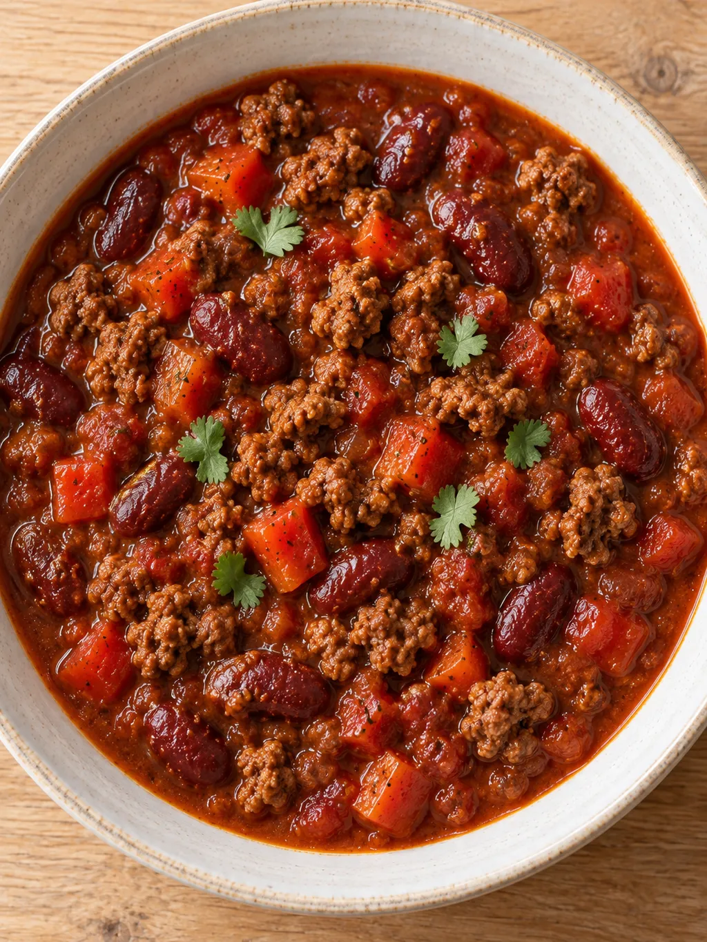 Dickes Chili con Carne mit Kidneybohnen und Koriander von oben