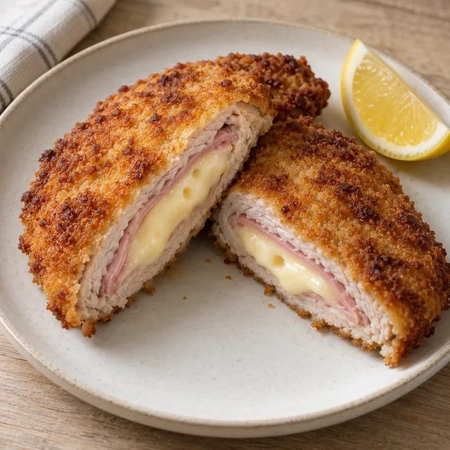 Goldbraunes Cordon bleu mit Kochschinken, geschmolzenem Emmentaler und Zitronenspalte