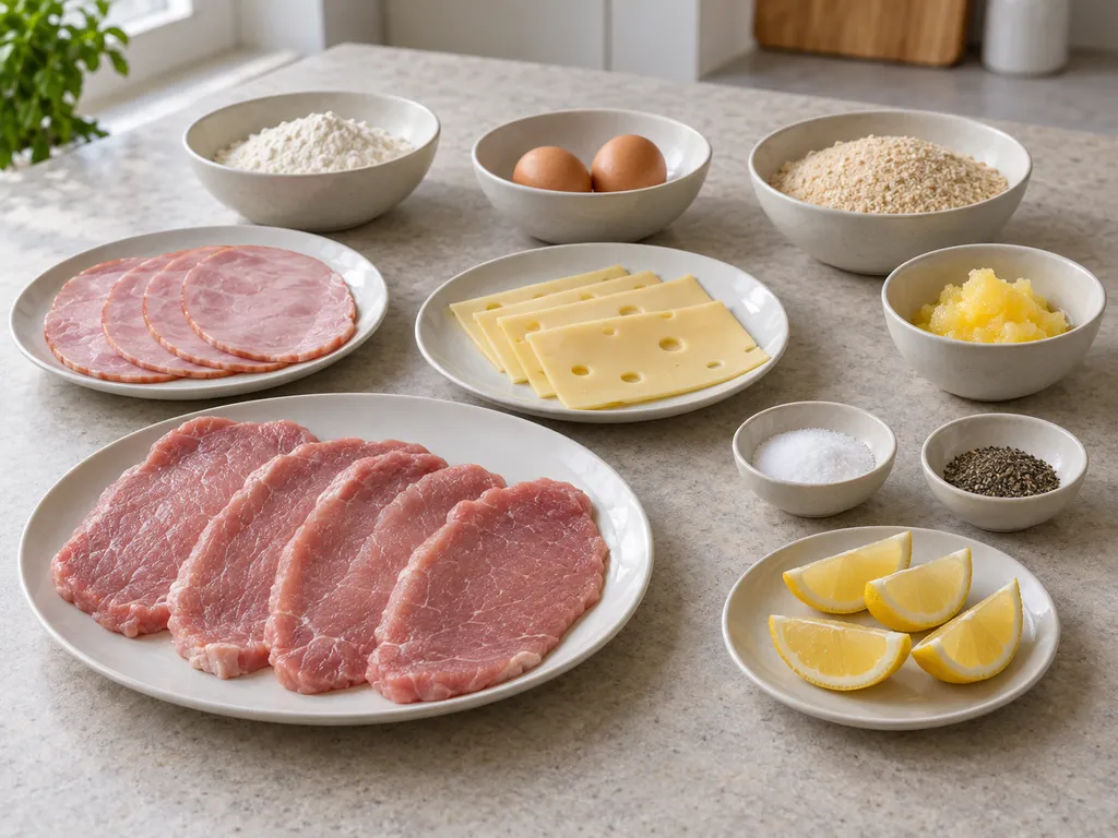 Schweineschnitzel, Kochschinken, Emmentaler und Zutaten für Panade mit Zitrone