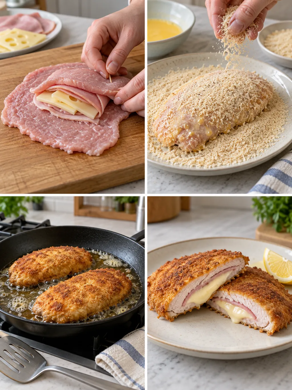 Cordon bleu beim Füllen, Panieren und Braten sowie fertig angerichtet mit Zitrone