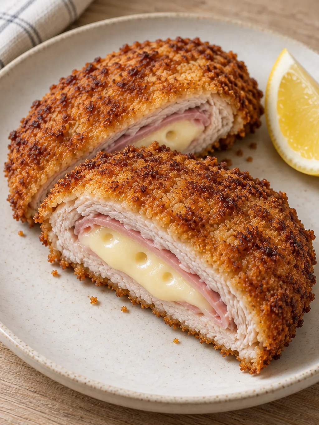 Aufgeschnittenes Cordon bleu mit knuspriger Panade und weicher Schinken-Emmentaler-Füllung