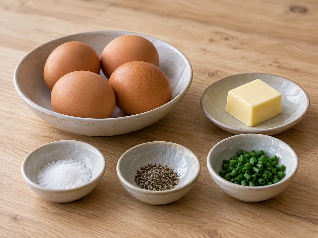 Vier Eier, Butter, Salz, Pfeffer und Schnittlauch in getrennten Schalen