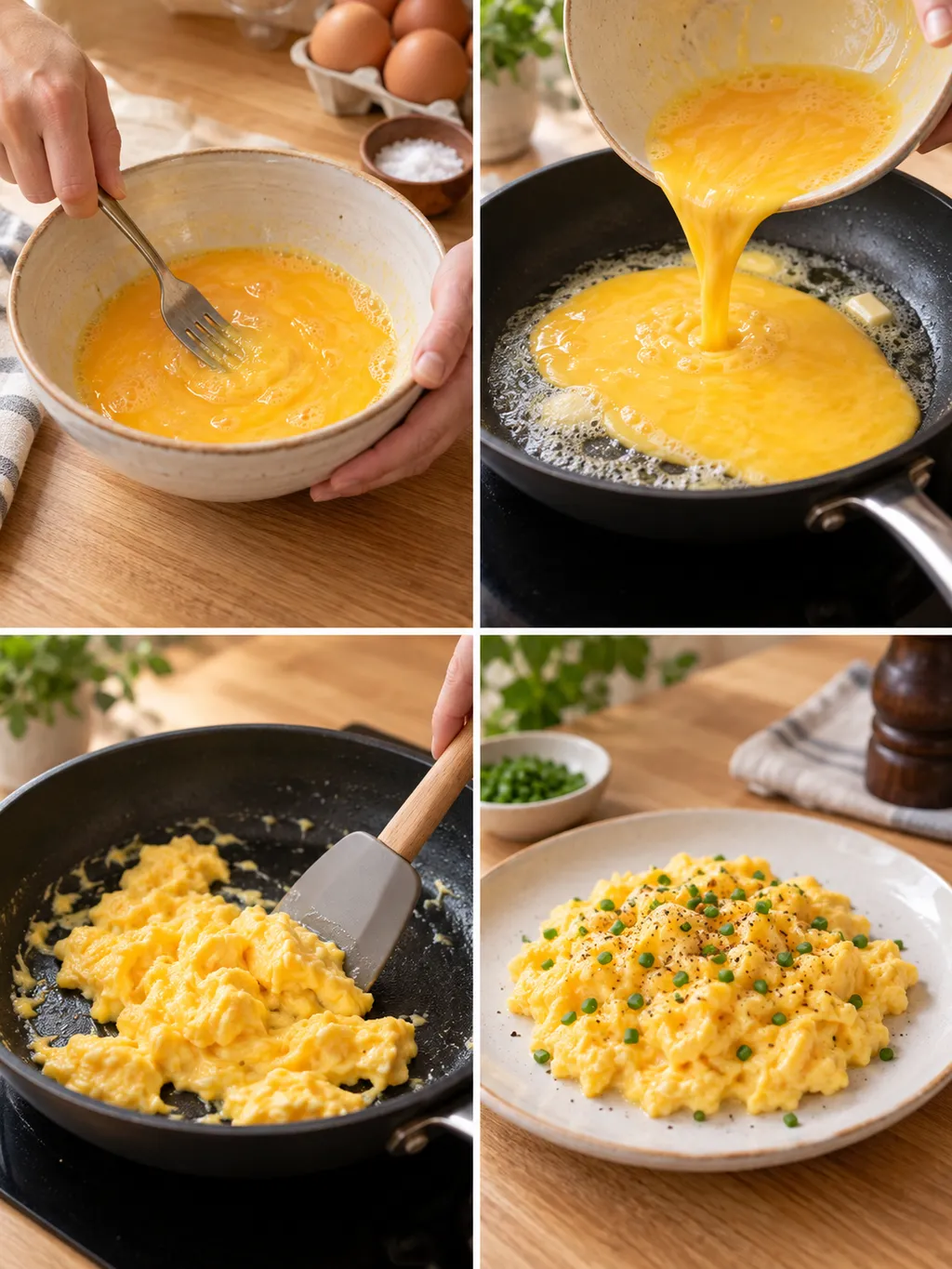 Eier verquirlen, in Butter garen, sanft falten und mit Schnittlauch servieren