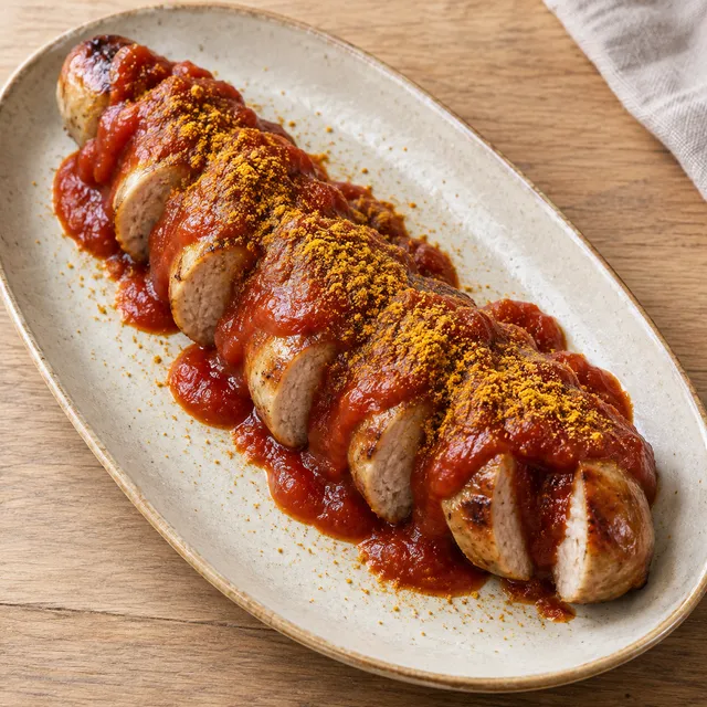 Currywurstscheiben mit roter Currysoße und Currypulver auf einem hellen Teller