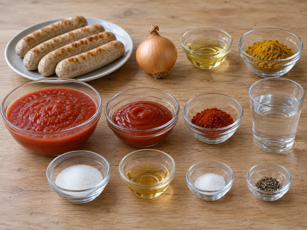 Bratwürste, Tomaten, Ketchup, Zwiebel und Gewürze für selbst gemachte Currywurst