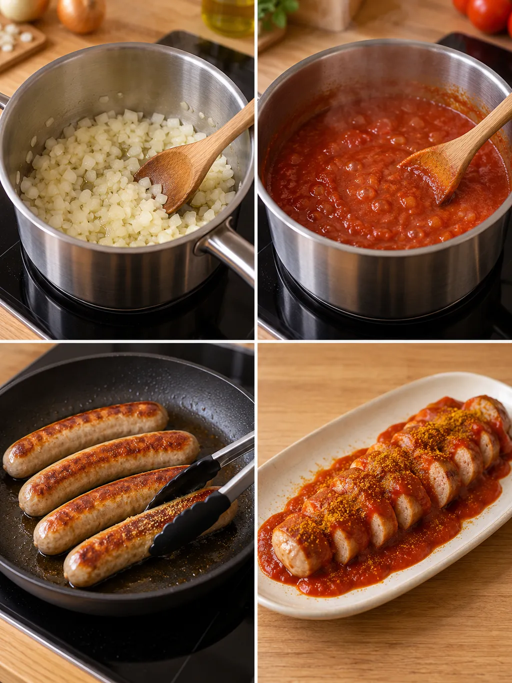 Zwiebeln dünsten, Currysoße kochen, Bratwürste braten und Currywurst anrichten