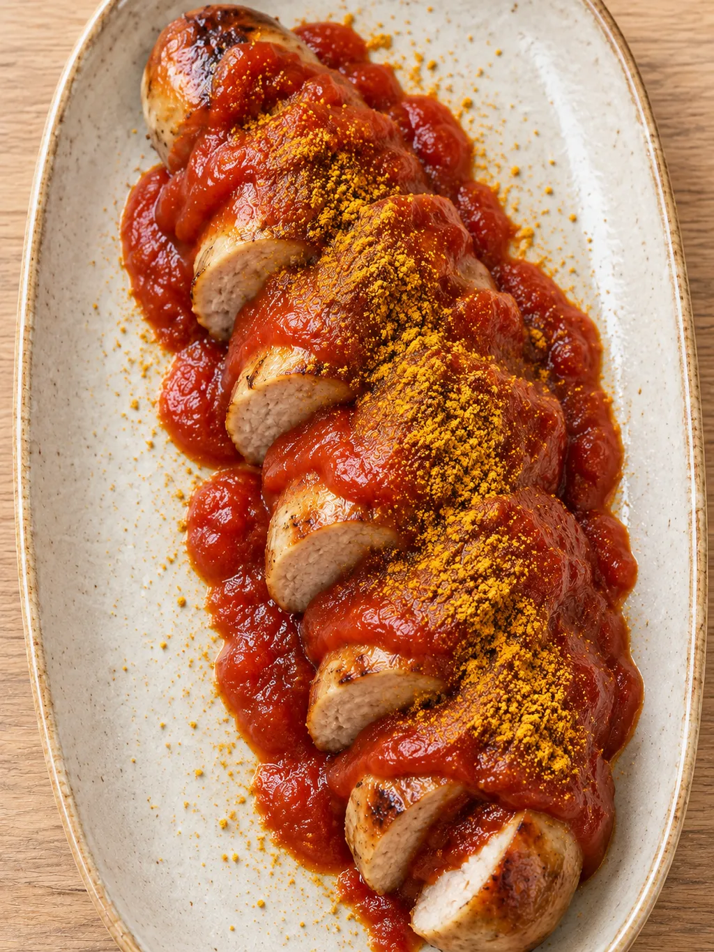Gebräunte Currywurstscheiben unter sämiger Tomaten-Currysoße mit Currypulver
