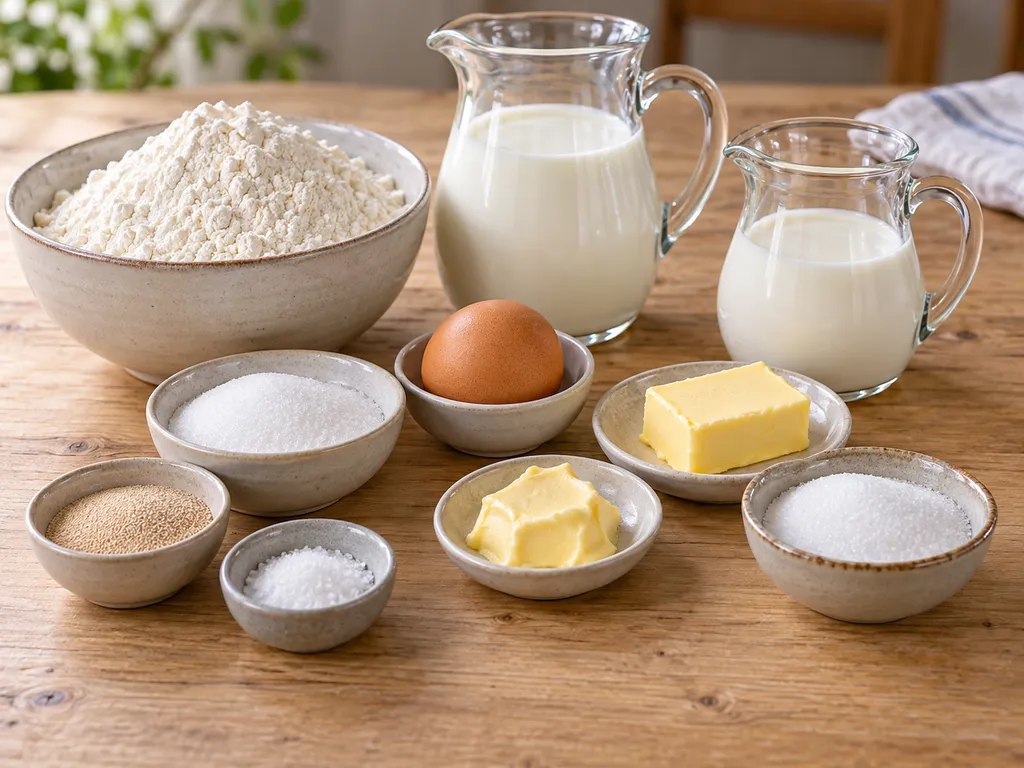 Mehl, Hefe, Milch, Butter, Zucker, Salz und ein Ei für süße Dampfnudeln