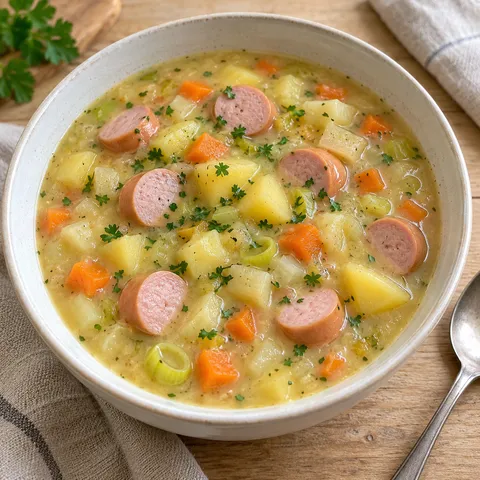 Deutsche Kartoffelsuppe mit Wiener Würstchen, Möhren und gehackter Petersilie