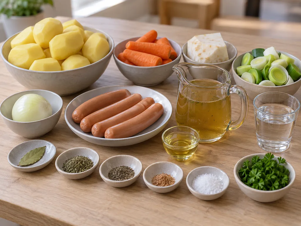 Kartoffeln, Suppengemüse, Wiener Würstchen, Brühe und Gewürze für Kartoffelsuppe
