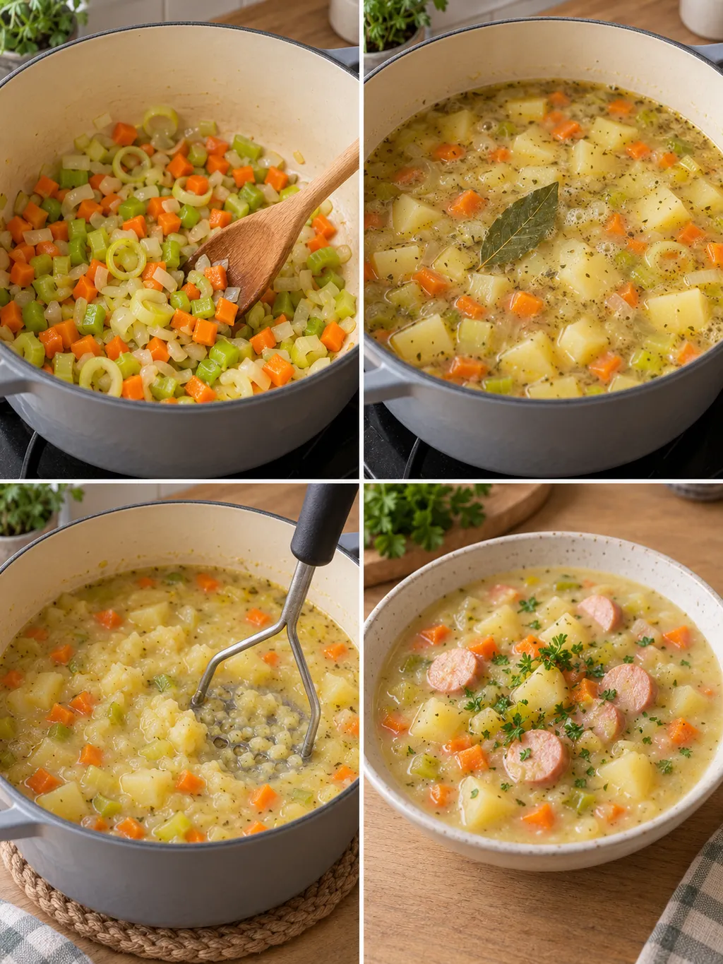 Gemüse dünsten, Kartoffeln kochen, Suppe stampfen und mit Wiener Würstchen servieren