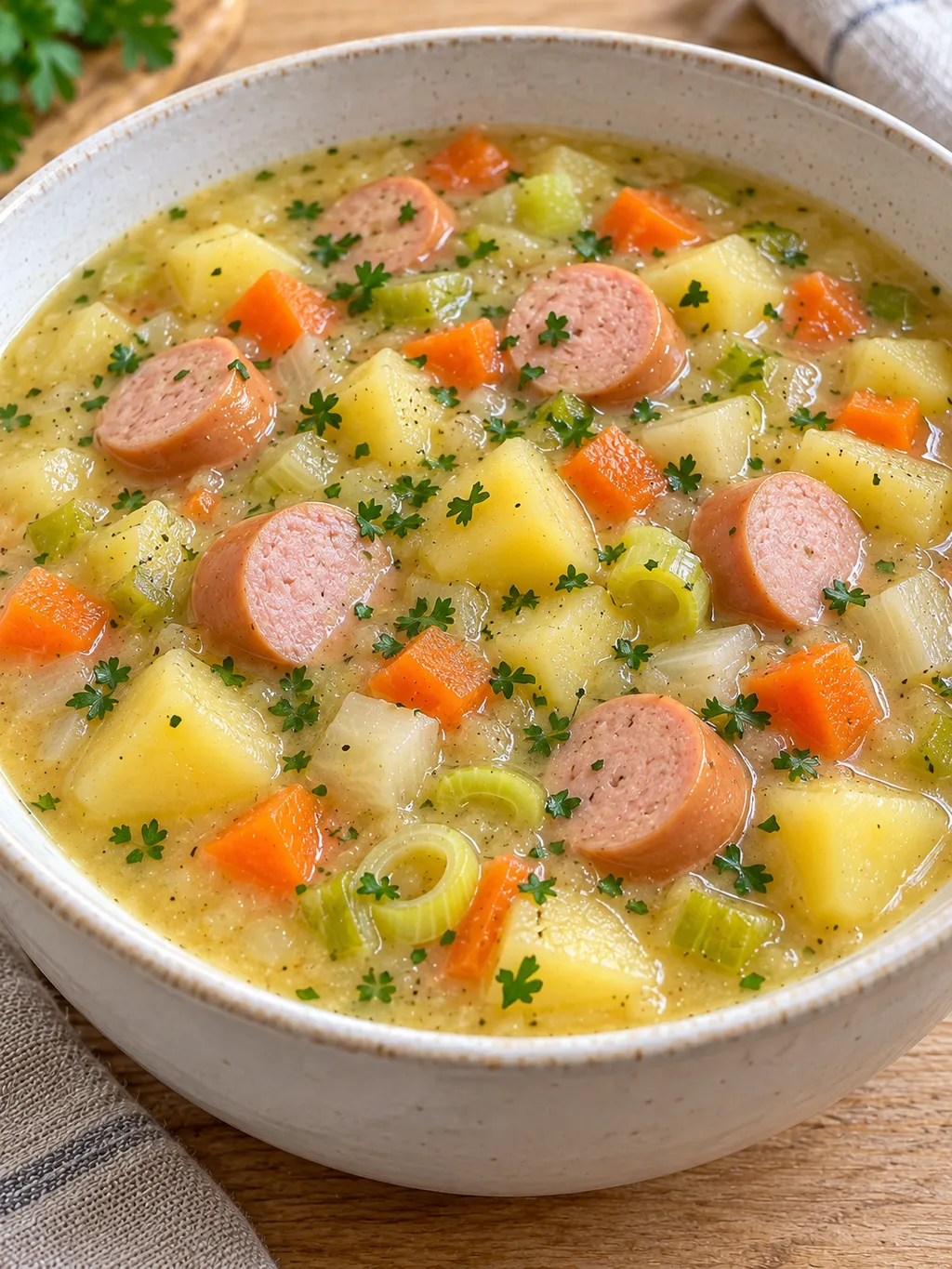 Sämige Kartoffelsuppe mit Würstchenscheiben, Kartoffelstücken und Petersilie
