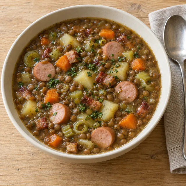 Deutsche Linsensuppe mit Kartoffeln, Möhren, Speck, Wiener Würstchen und Petersilie