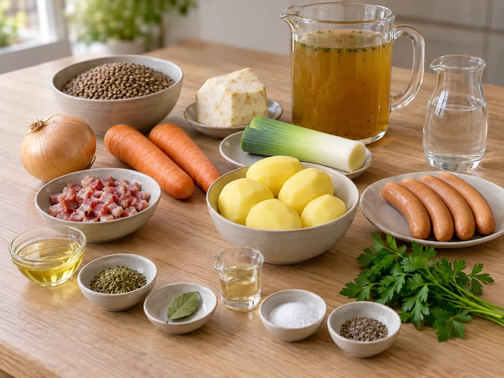 Braune Linsen, Suppengemüse, Kartoffeln, Speck und vier Wiener Würstchen