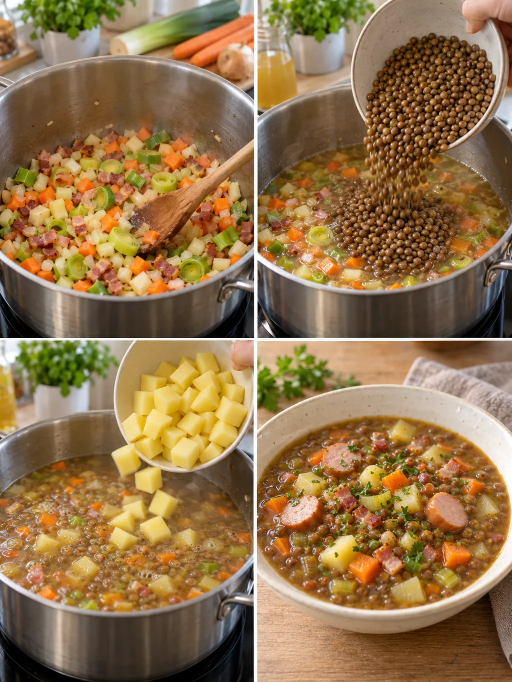 Zubereitung der Linsensuppe vom Anschwitzen des Gemüses bis zur fertigen Schale
