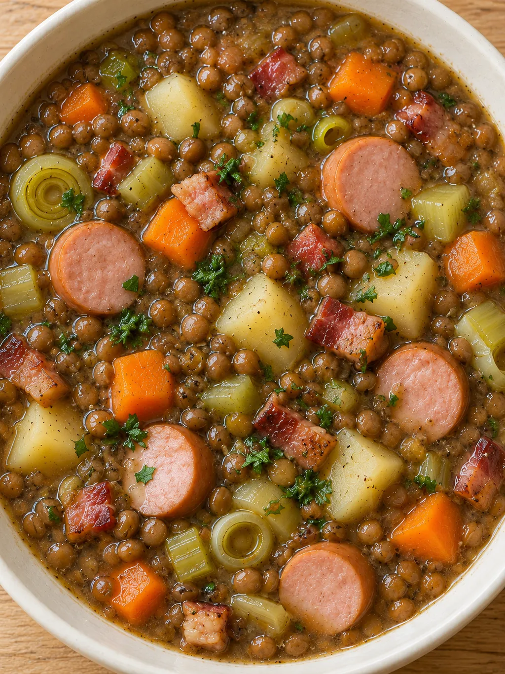 Kräftige Linsensuppe mit Wiener-Würstchenscheiben, Kartoffeln und frischer Petersilie