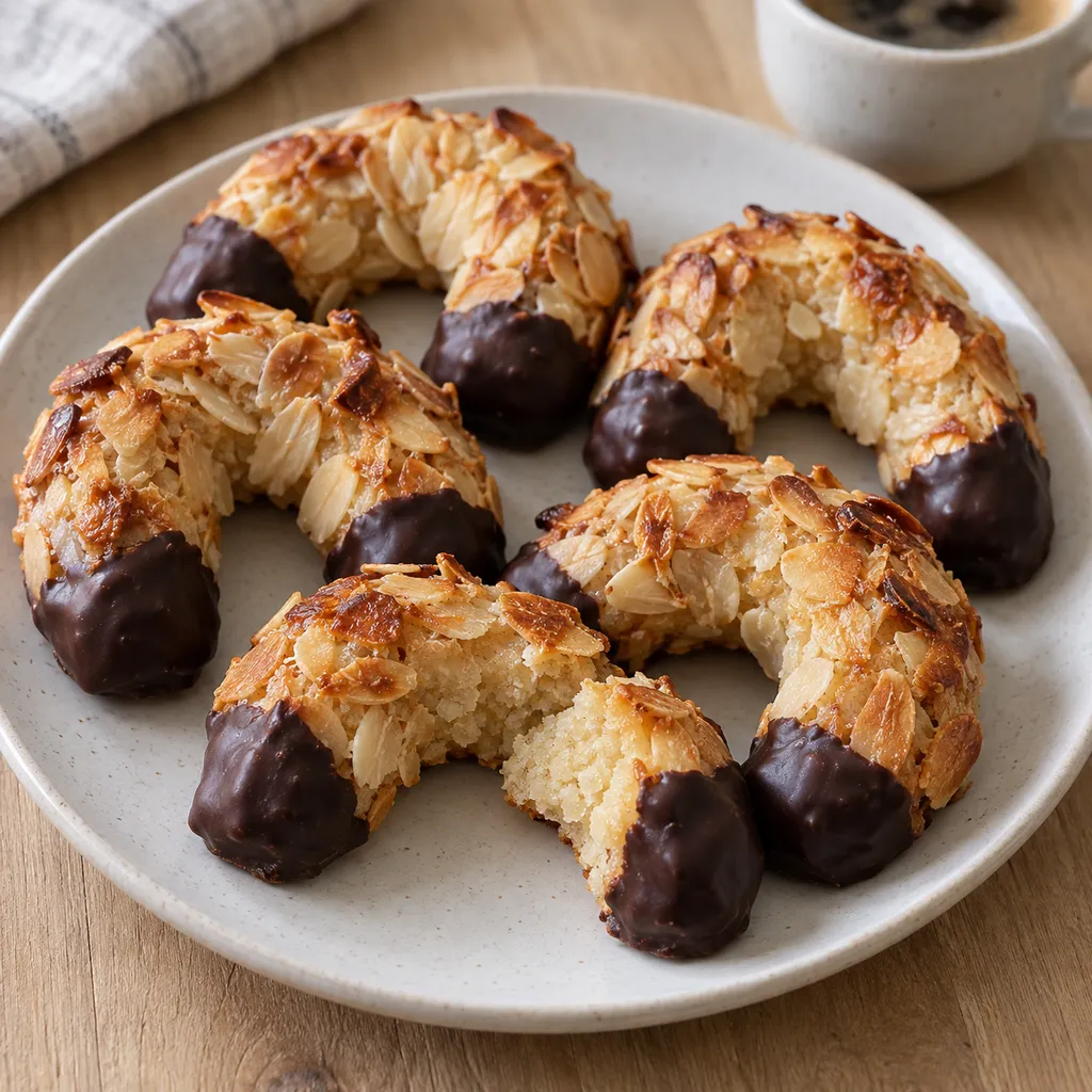 Mandelhörnchen mit goldbraunen Mandelblättchen, dunklen Schokoenden und saftigem Marzipankern