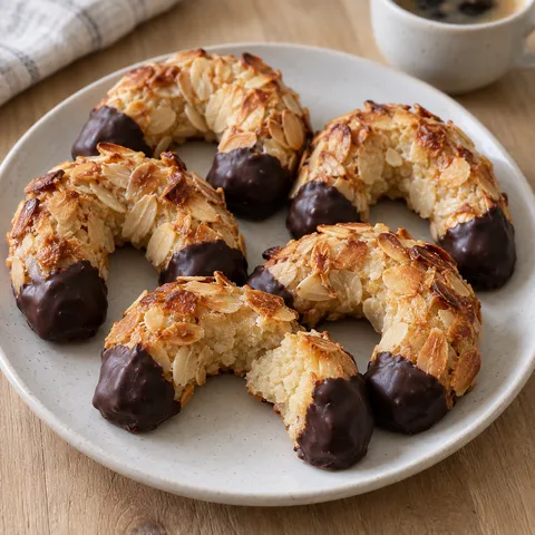 Mandelhörnchen mit goldbraunen Mandelblättchen, dunklen Schokoenden und saftigem Marzipankern