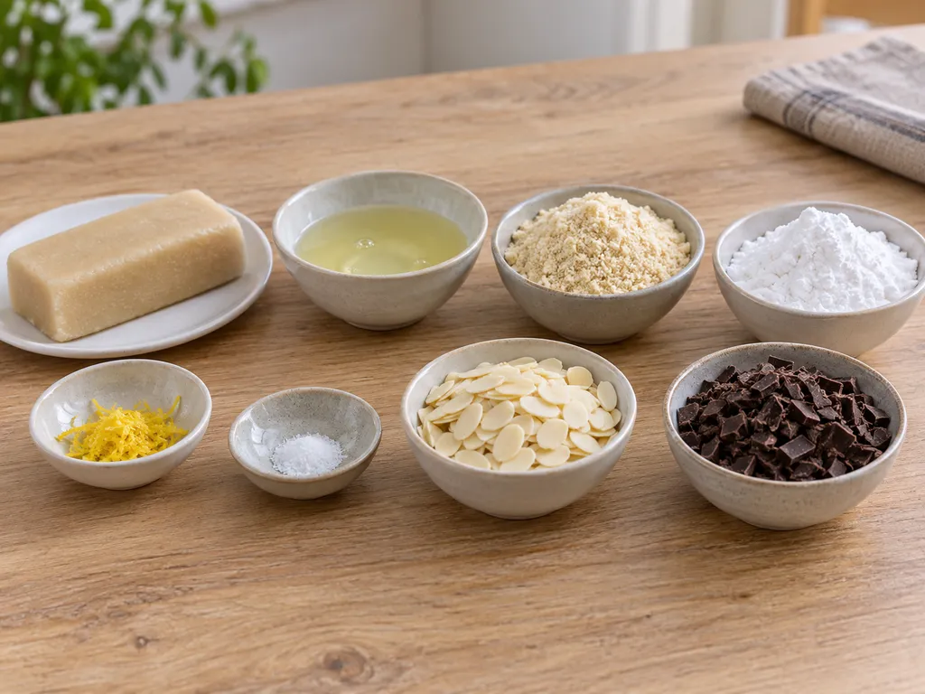 Marzipanrohmasse, Eiweiß, Mandeln, Puderzucker, Zitronenabrieb, Salz und dunkle Kuvertüre