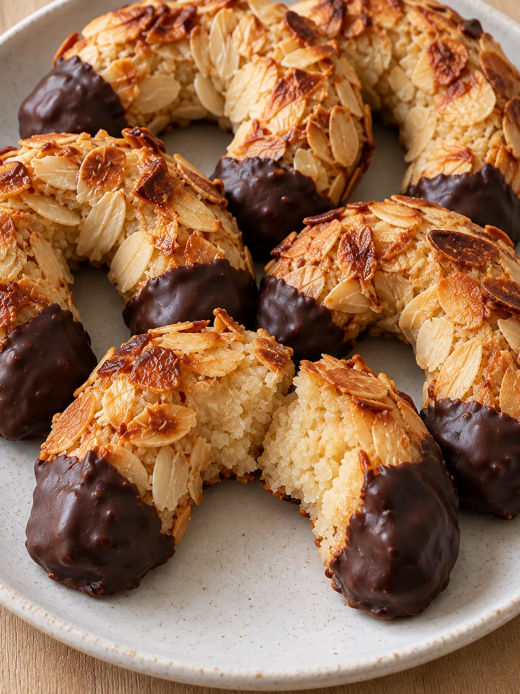Mandelhörnchen mit gerösteten Mandelblättchen und Schokoenden auf einem hellen Teller