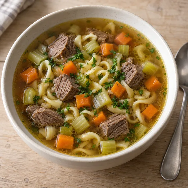 Deutsche Rindfleischsuppe mit Möhren, Sellerie, Lauch, Nudeln und Petersilie