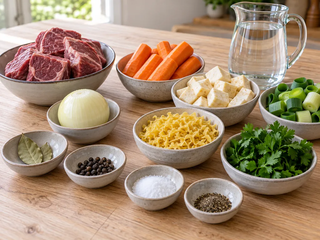 Rinderschulter, Suppengemüse, Eiernudeln und Gewürze für Rindfleischsuppe