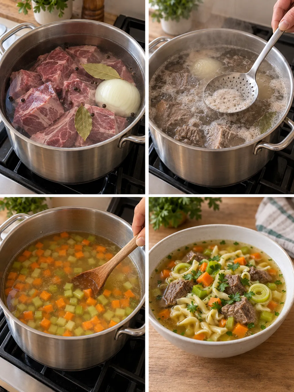 Rindfleischsuppe beim Ansetzen, Abschäumen, Gemüsegaren und fertig in der Schale