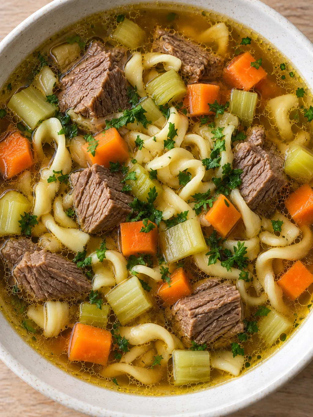 Rindfleischsuppe mit zarten Fleischstücken, Gemüse, kleinen Nudeln und Petersilie