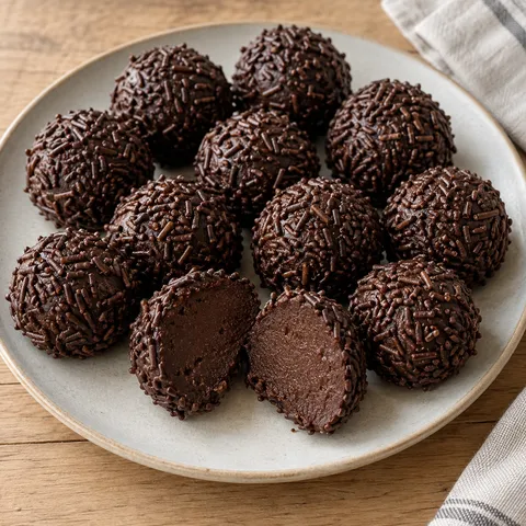 Rumkugeln mit dunklen Schokostreuseln und einer halbierten Kugel auf einem hellen Teller