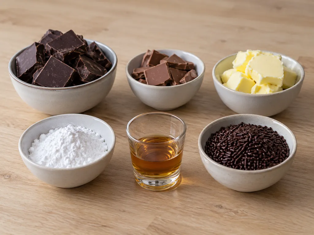 Schokolade, Butter, Puderzucker, brauner Rum und Schokostreusel für Rumkugeln