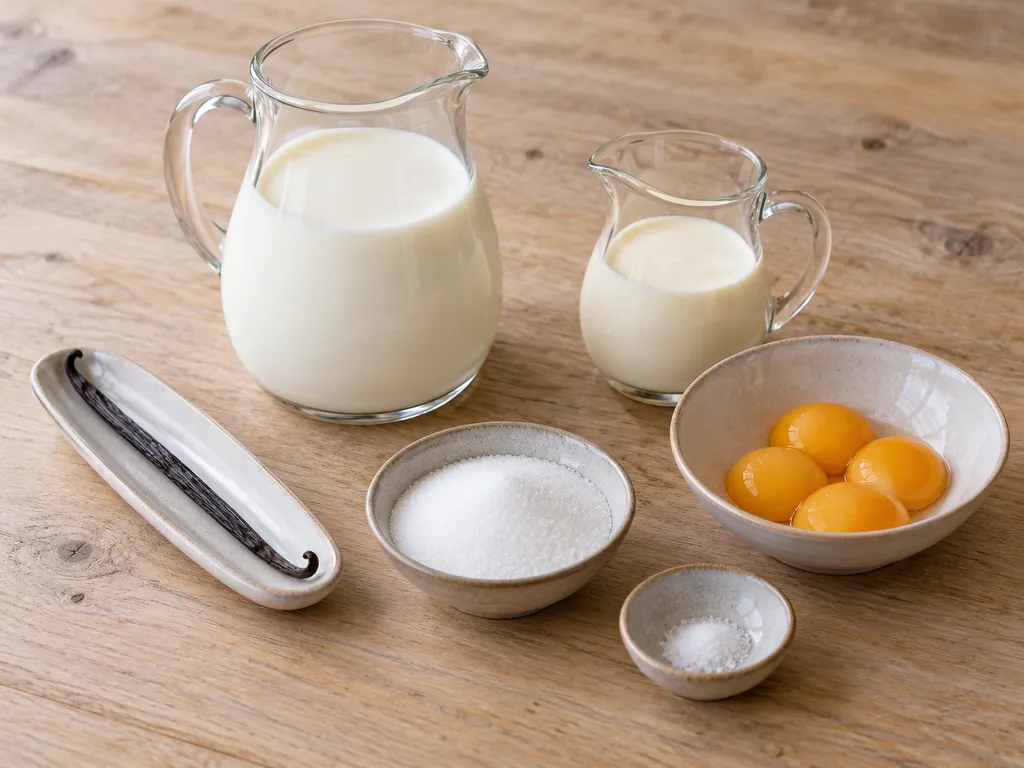 Vanilleschote, Milch, Sahne, vier Eigelbe, Zucker und Salz für Vanillesoße