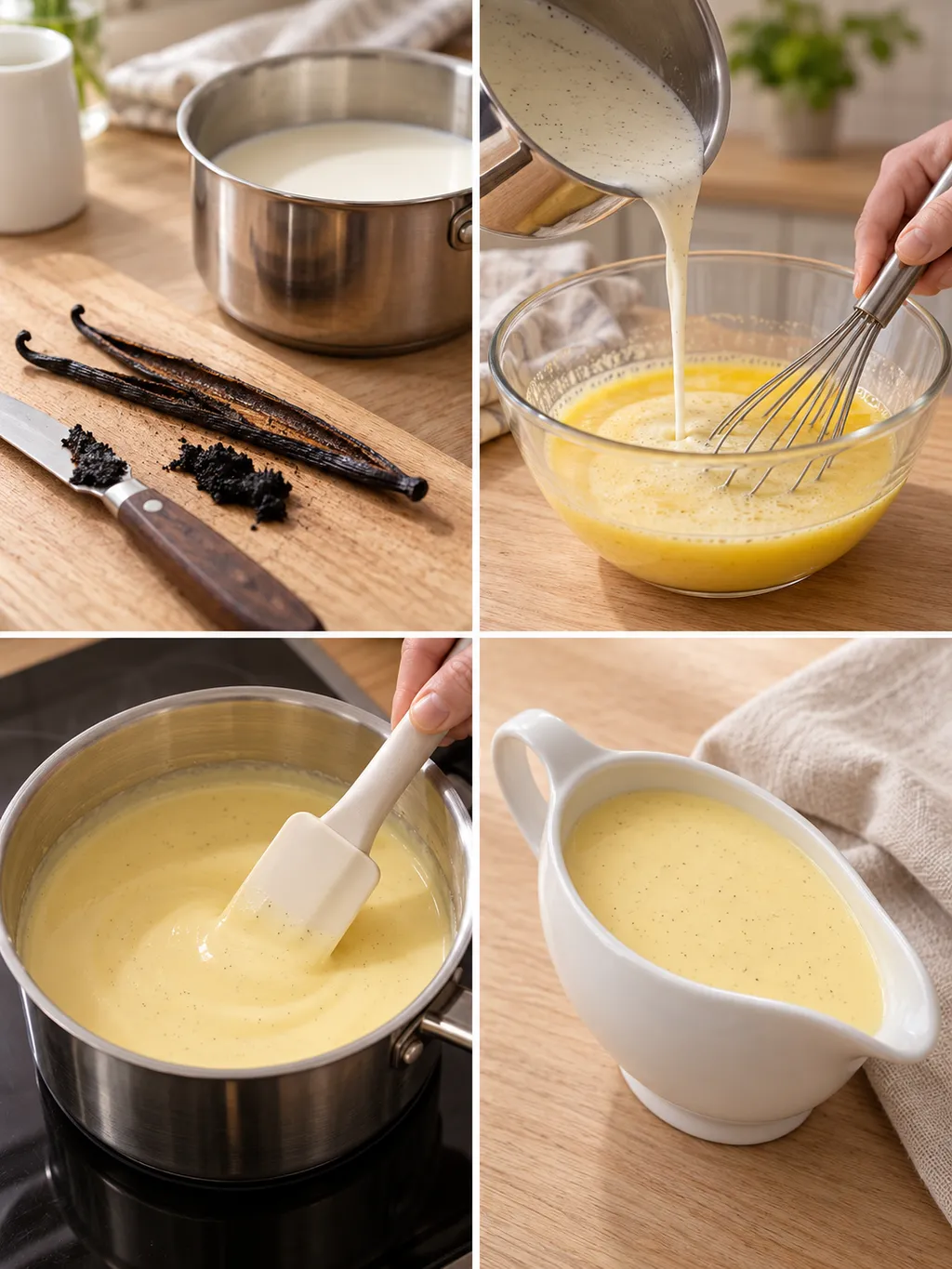 Vanille vorbereiten, Milch einrühren, Soße binden und fertige Vanillesoße servieren