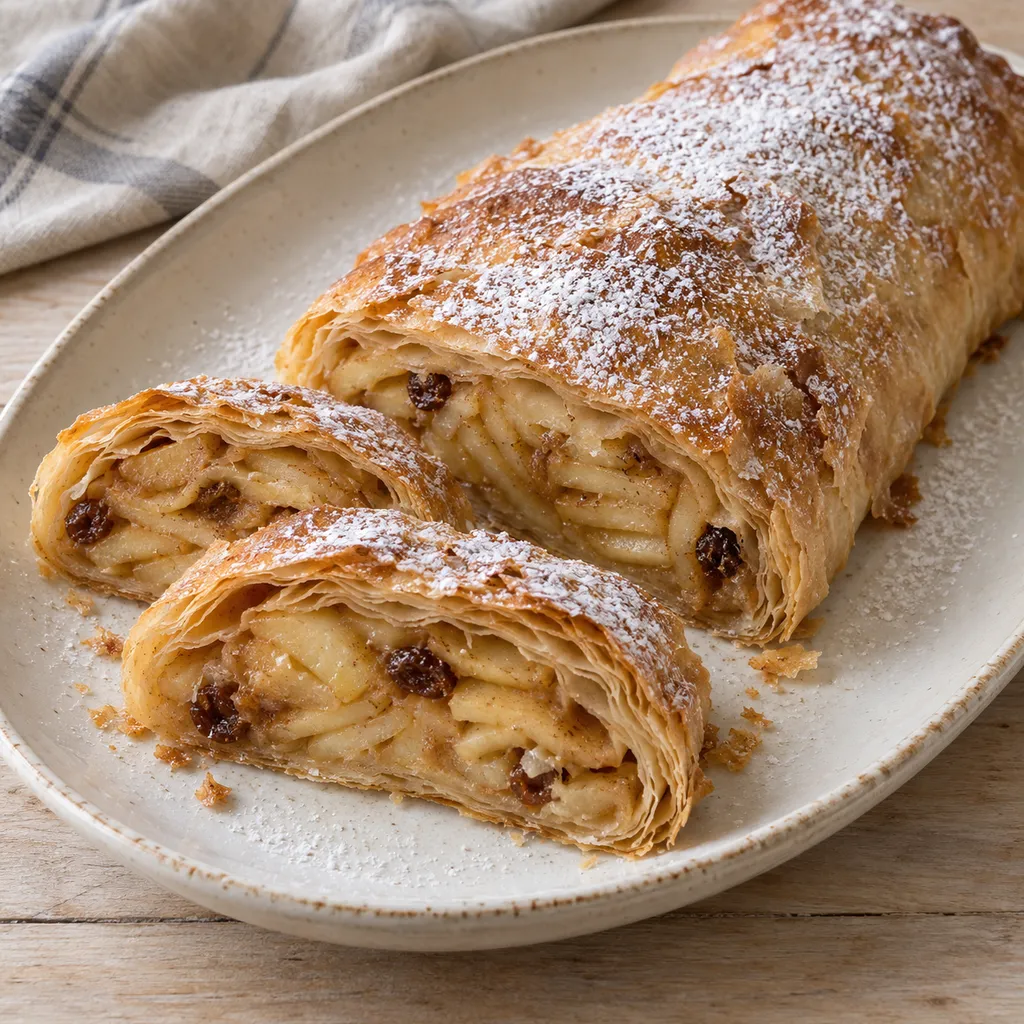 Apfelstrudel mit goldbrauner Kruste, Puderzucker und sichtbarer Apfel-Rosinen-Füllung