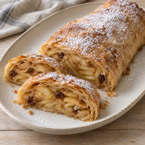 Apfelstrudel mit goldbrauner Kruste, Puderzucker und sichtbarer Apfel-Rosinen-Füllung