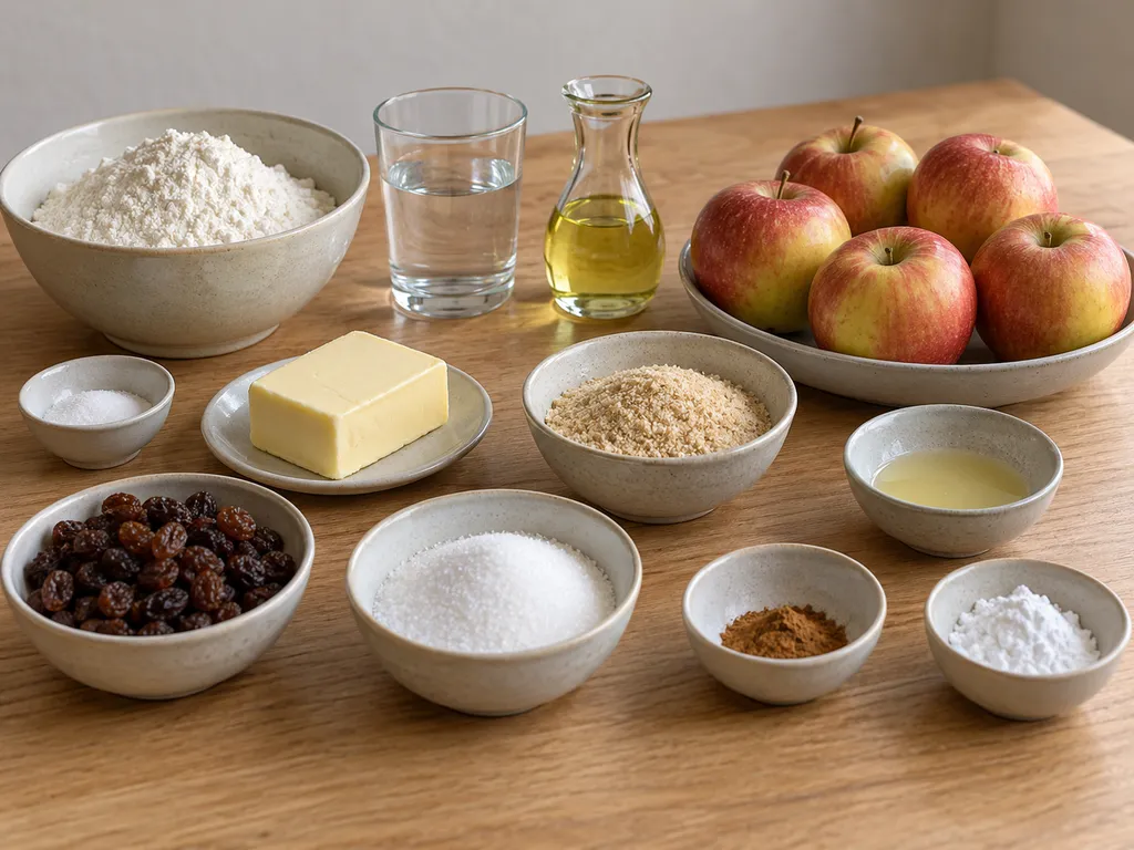 Äpfel, Mehl, Butter, Semmelbrösel, Rosinen und weitere Zutaten für Apfelstrudel