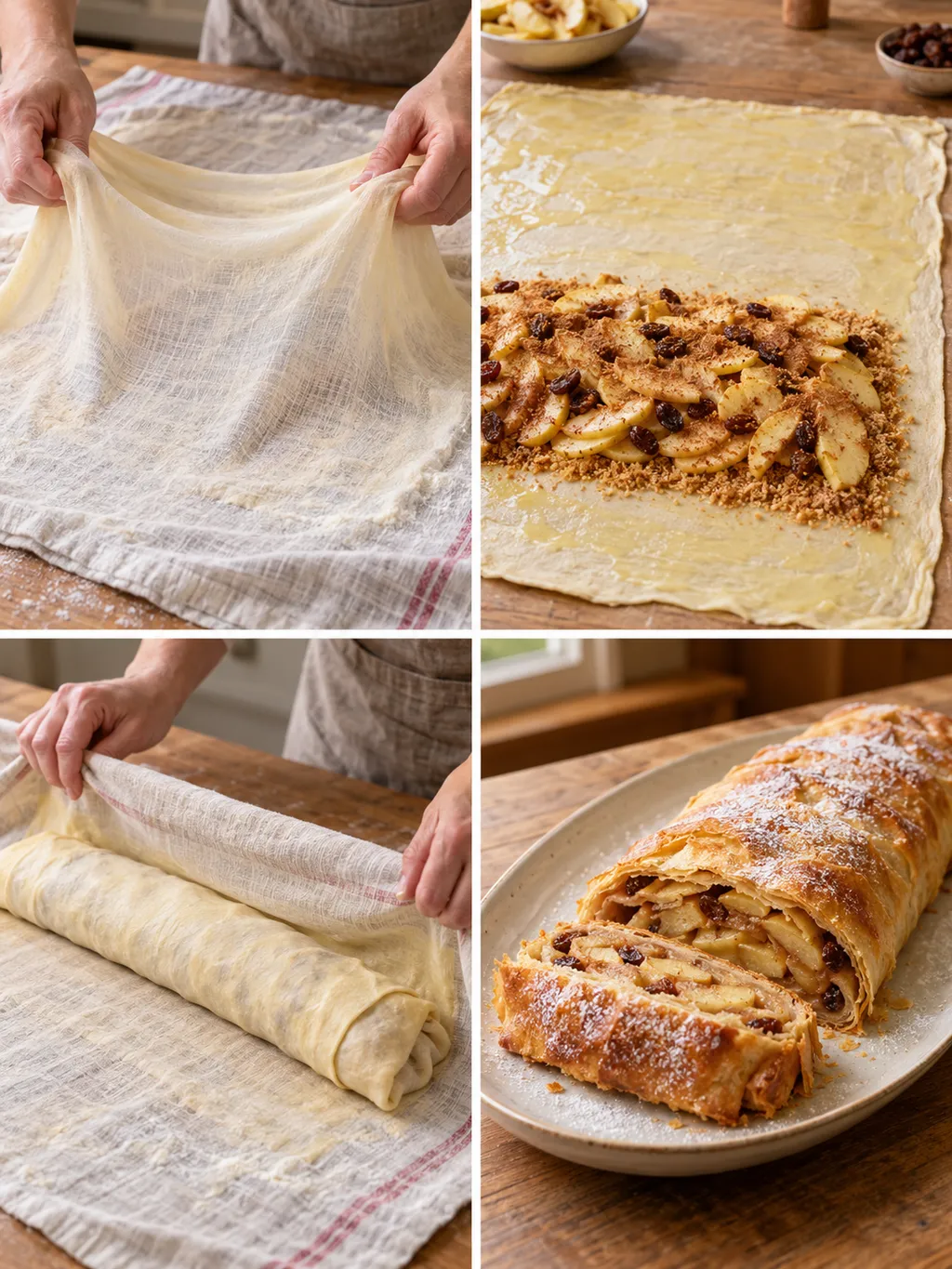 Strudelteig ausziehen, Apfelfüllung verteilen, aufrollen und gebackenen Apfelstrudel servieren