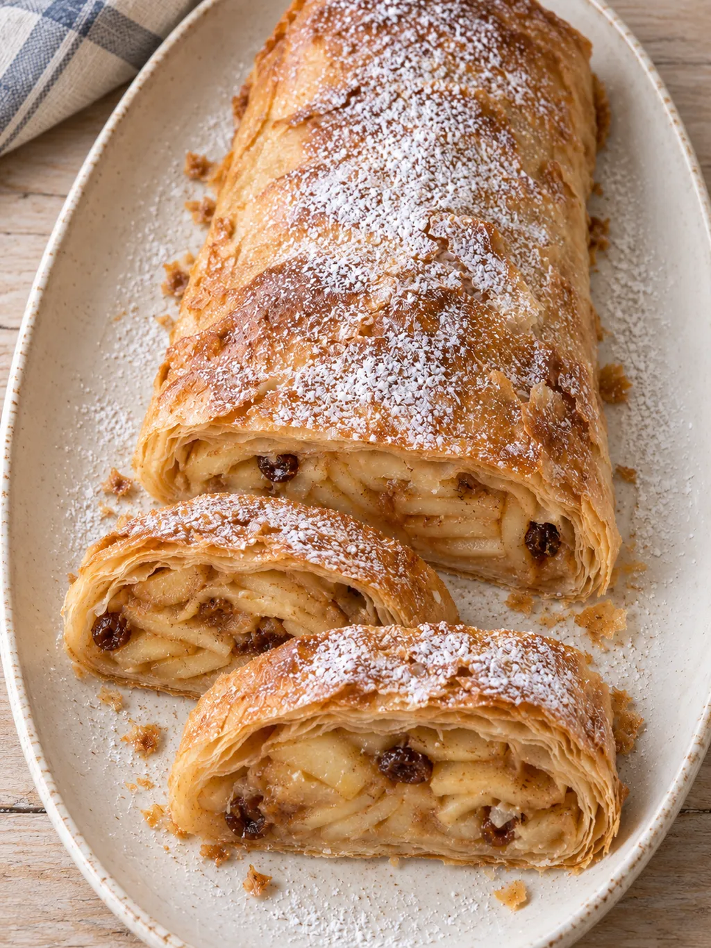 Goldbrauner Apfelstrudel mit dünner Kruste und angeschnittenen Apfel-Rosinen-Stücken