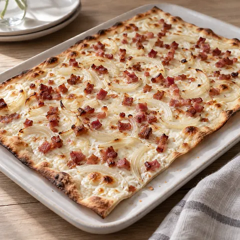 Dünner Flammkuchen mit Schmand, Zwiebelstreifen und gebräunten Speckwürfeln