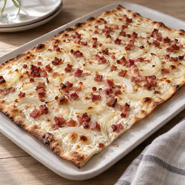 Dünner Flammkuchen mit Schmand, Zwiebelstreifen und gebräunten Speckwürfeln