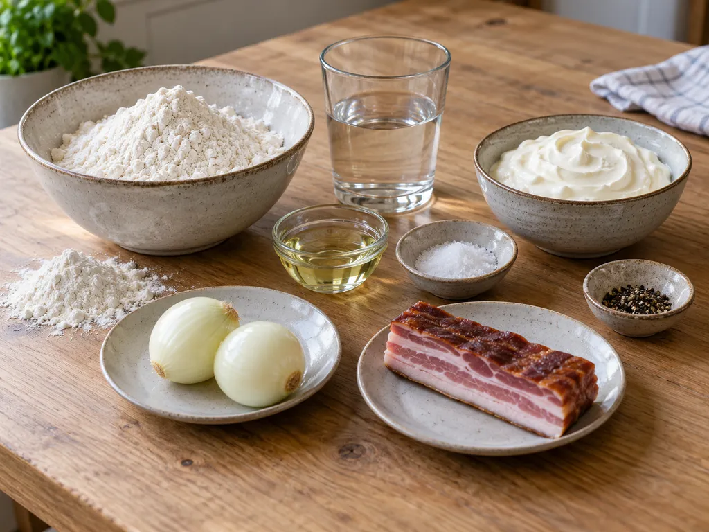 Mehl, Wasser, Öl, Salz, Schmand, zwei Zwiebeln, Räucherspeck und Pfeffer