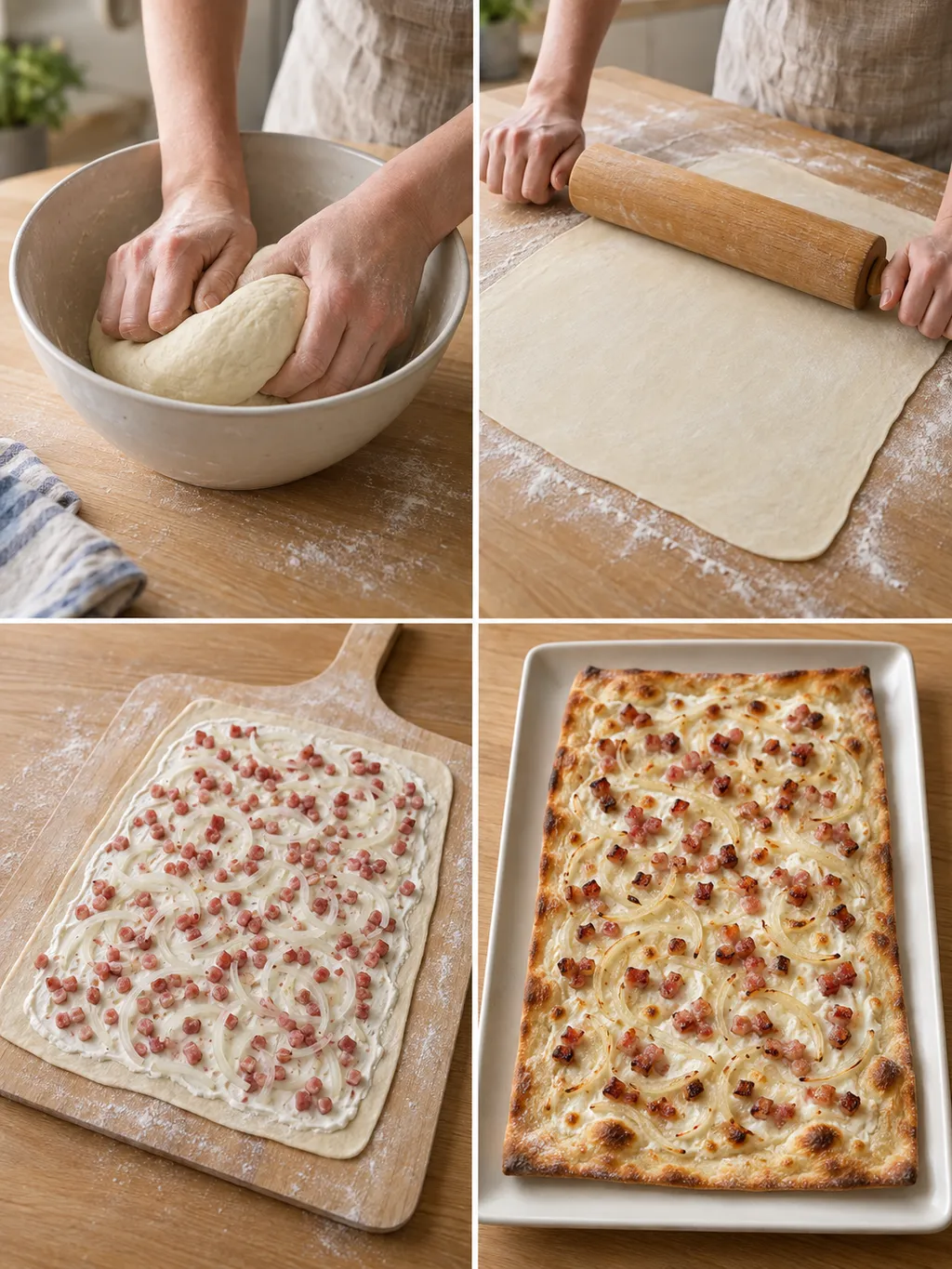 Teig kneten, dünn ausrollen, mit Schmand belegen und fertig gebackenen Flammkuchen servieren